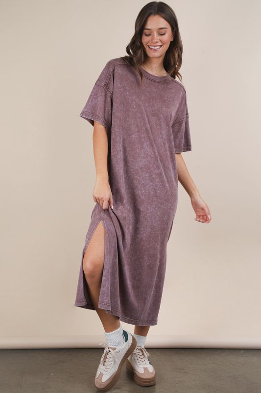 MINERAL WASHED MIDI DRESS - CHOCOLATE