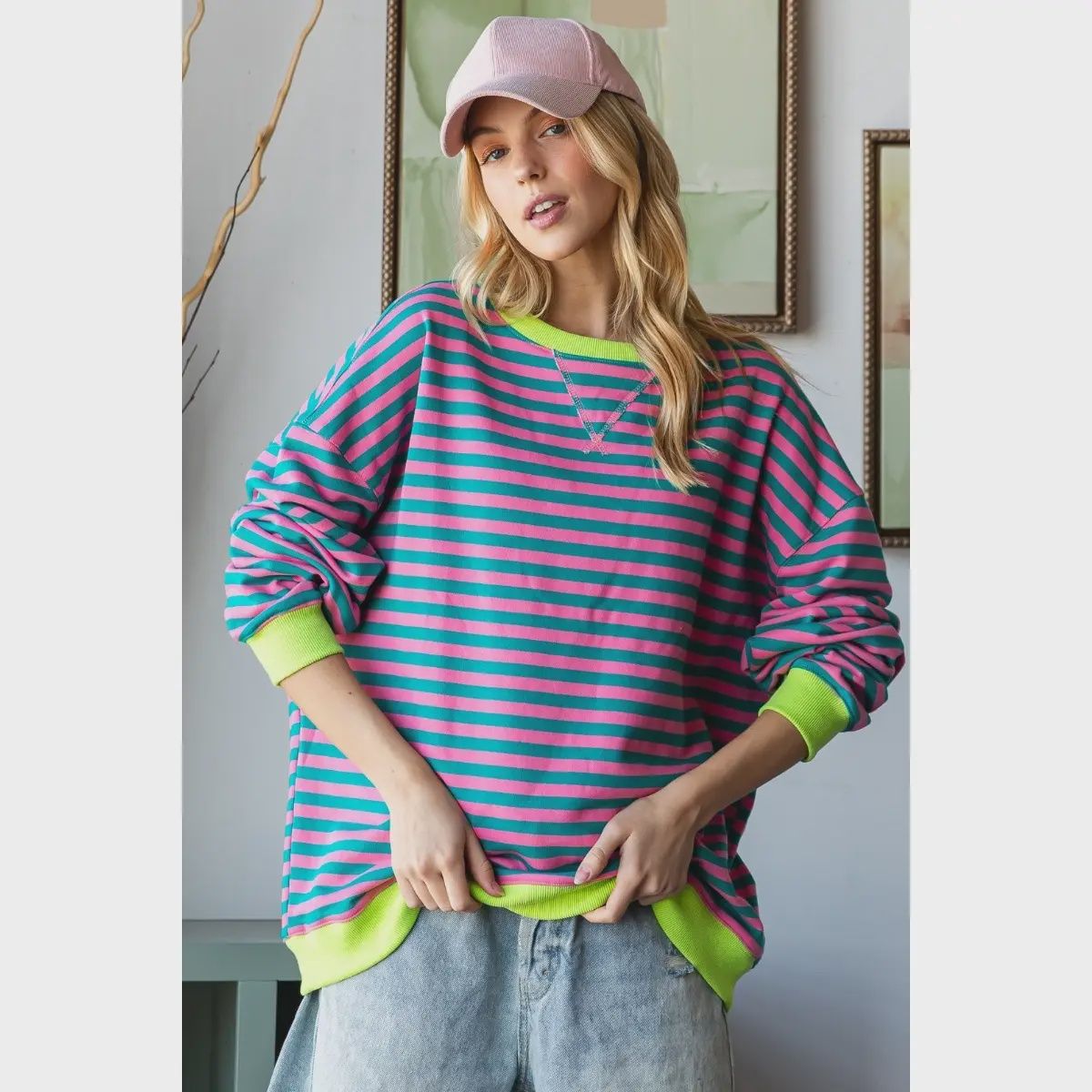 OVERSIZED STRIPED SWEATER TOP - PINK/TURQUOISE