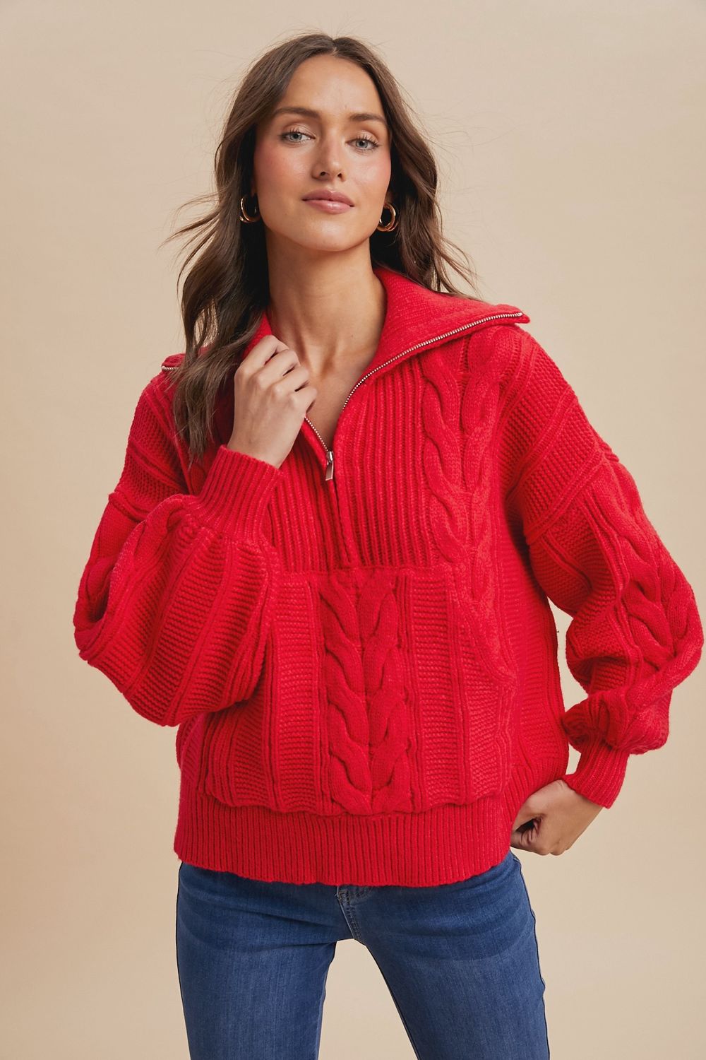 CHUNKY CABLE KNIT HALF ZIP - RED