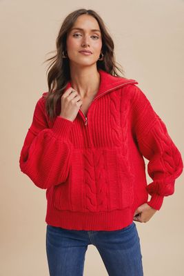 CHUNKY CABLE KNIT HALF ZIP - RED