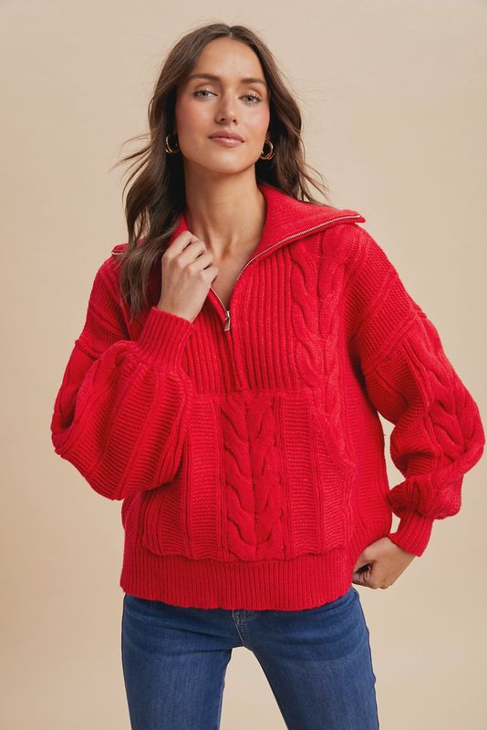 CHUNKY CABLE KNIT HALF ZIP - RED