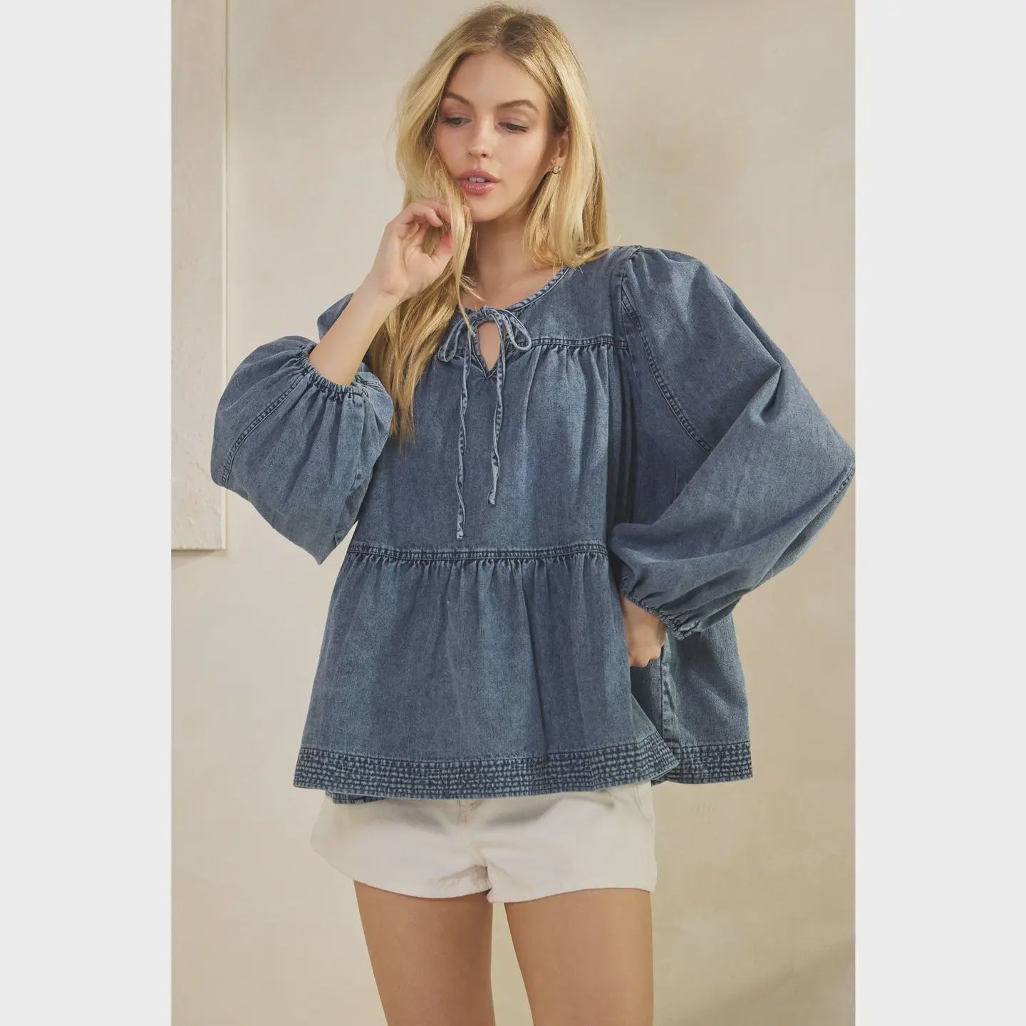 PRAIRIE DREAM DENIM BLOUSE - MEDIUM WASH