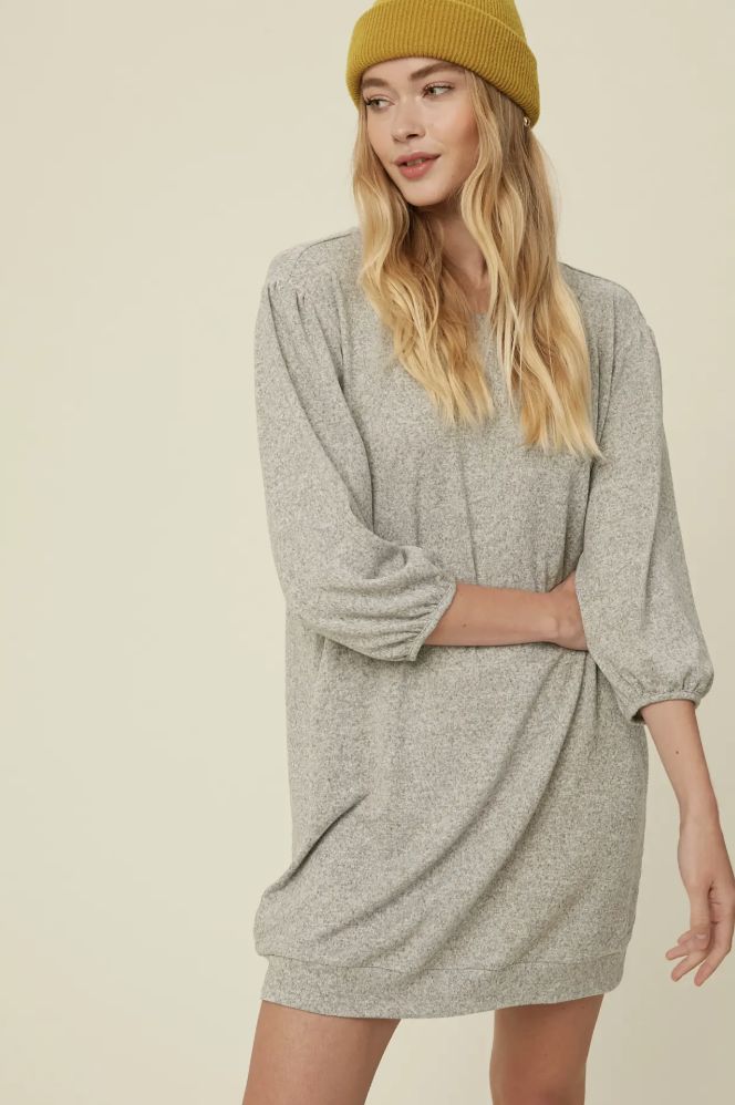COZY KNIT SWEATSHIRT DRESS - HEATHER GREY