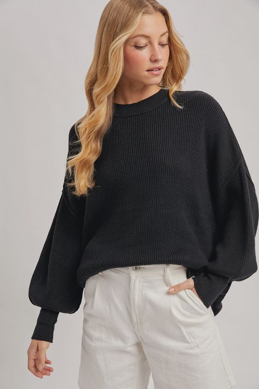 RIBBED MOCKNECK PULLOVER - BLACK
