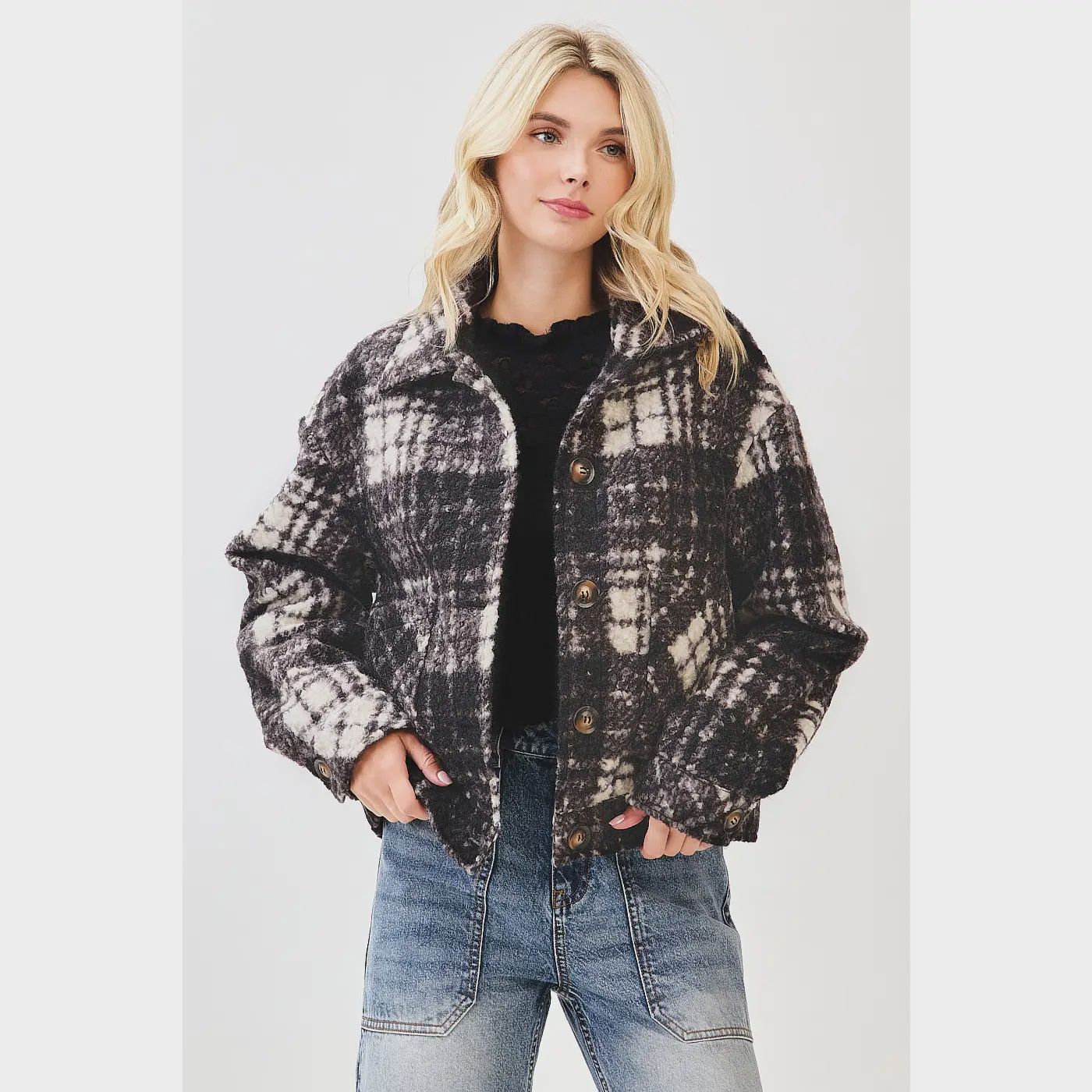 Boucle Plaid Collared Button Front Cropped Jacket