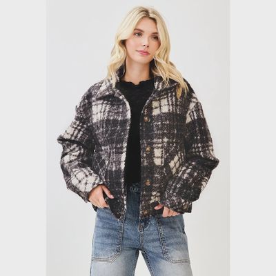 Boucle Plaid Collared Button Front Cropped Jacket