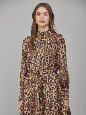 Animal Print Satin Tie Waist Shirt Dress