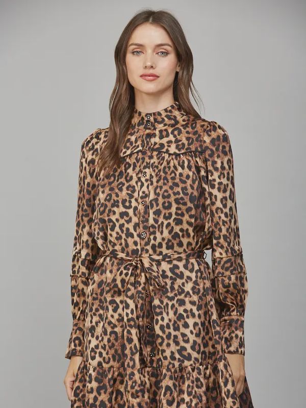 Animal Print Satin Tie Waist Shirt Dress