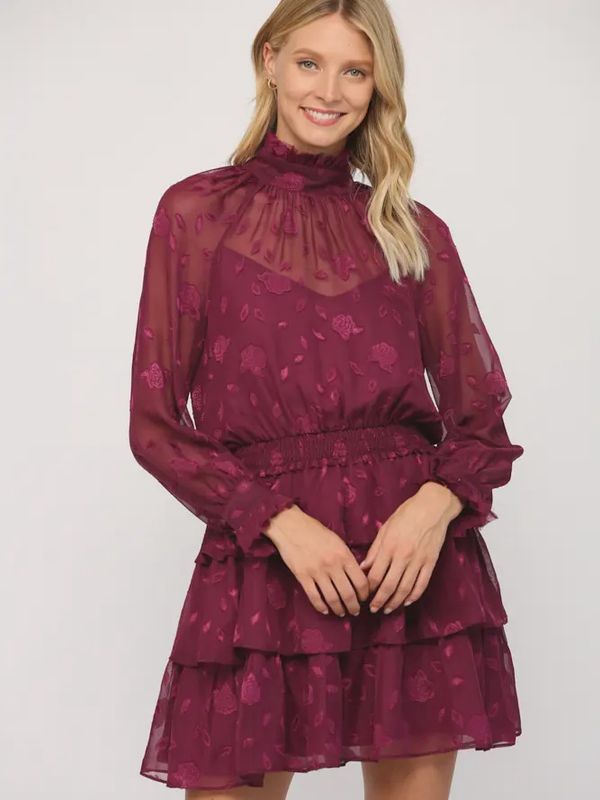 Floral Sheer Chiffon High Neck Ruffle Dress