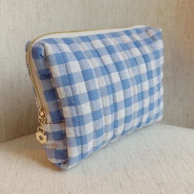 Blue checkered cosmetic bag