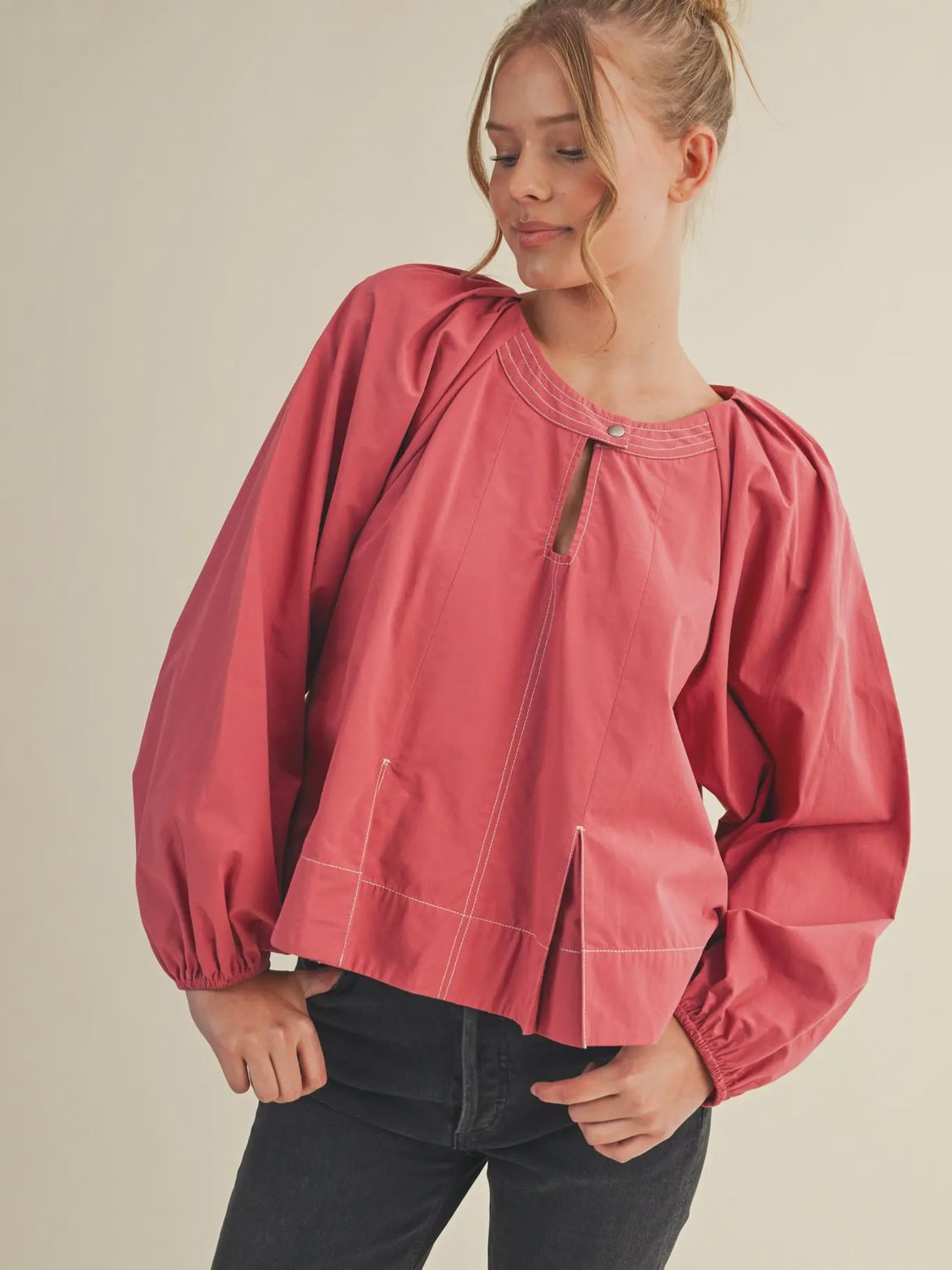 Contrast Stitch Pleated Blouse