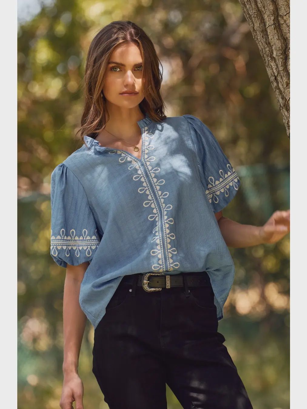 Plus Solid Embroidered Short Bubble Sleeve, Color: Azure Blue, Size: XL