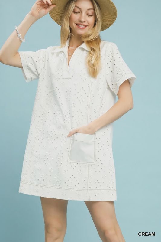 Eyelet Short Sleeve Shift Dress with Pocket
