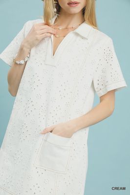 Eyelet Short Sleeve Shift Dress with Pocket