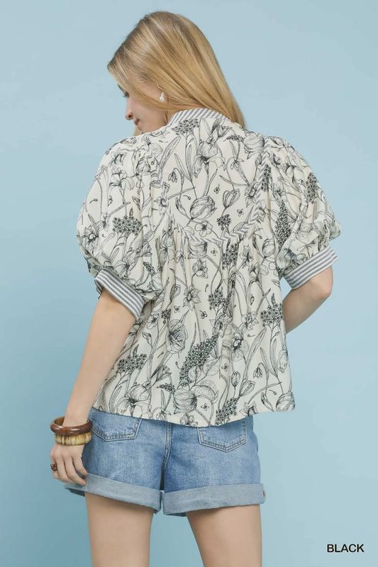 Mixed Print Puff Sleeve Split Neck Top - Black