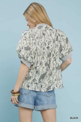 Mixed Print Puff Sleeve Split Neck Top - Black