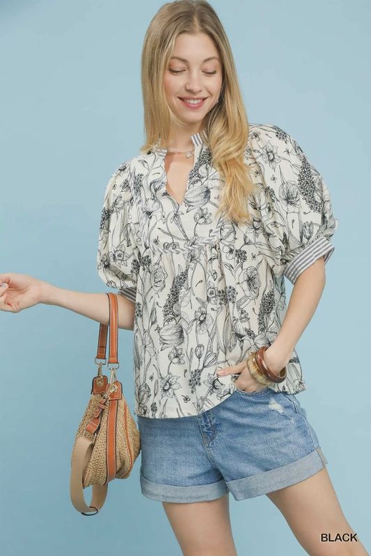 Mixed Print Puff Sleeve Split Neck Top - Black