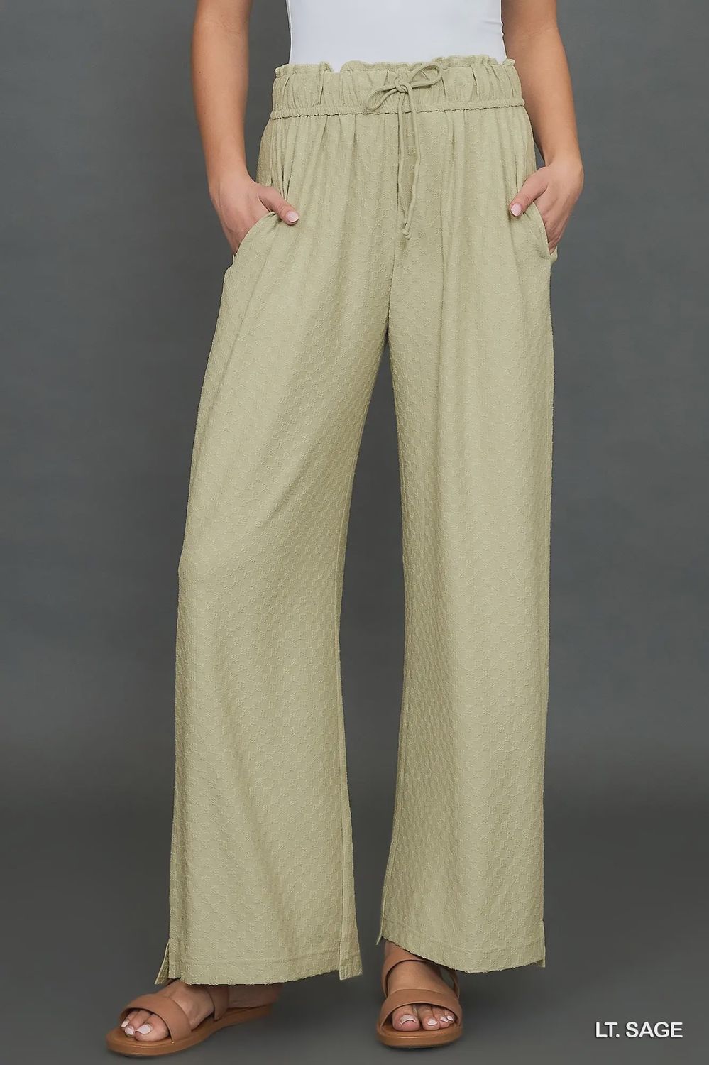 Lightweight Jacquard Wide Leg Pants - Light Sage