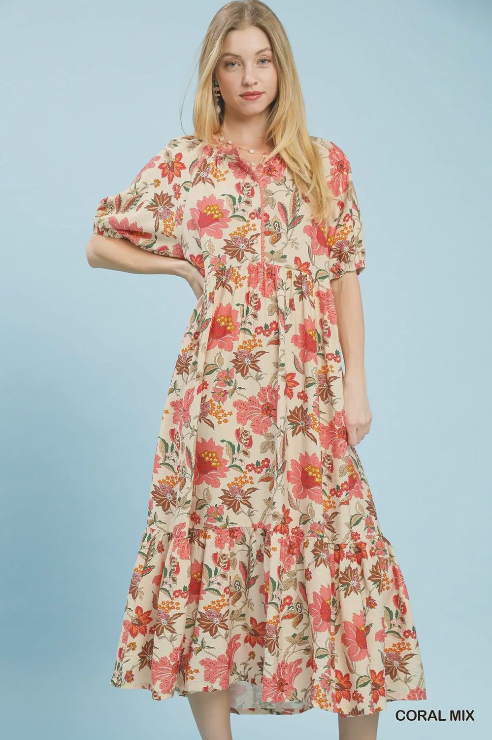 Mix Floral Tiered Midi Dress with Puff Sleeves