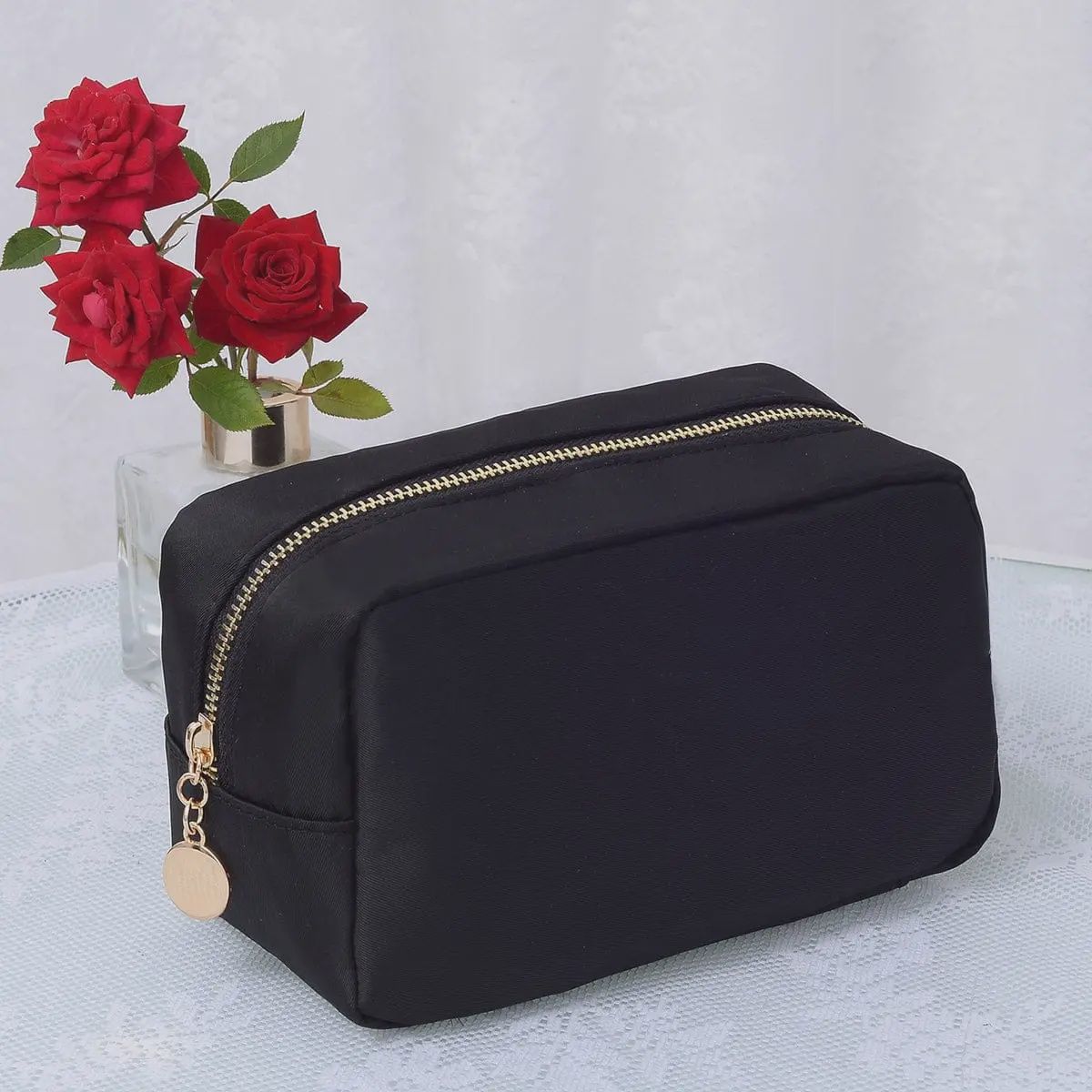 Emma Round Zippered Nylon Cosmetic Pouch Bag, Color: Black