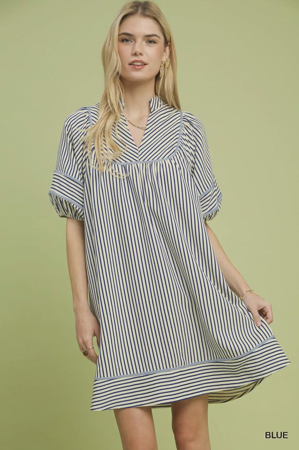 Striped Puff Sleeve Shift Dress / Blue