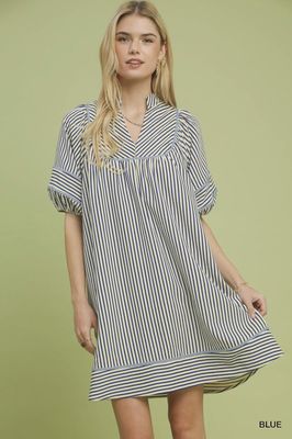 Striped Puff Sleeve Shift Dress / Blue