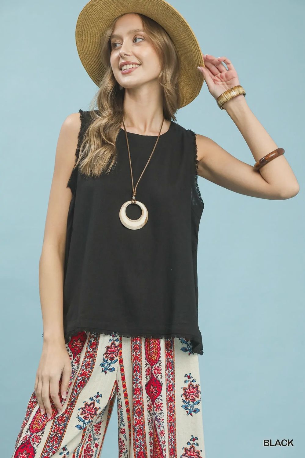 Linen Frayed Edge Sleeveless Top / Black