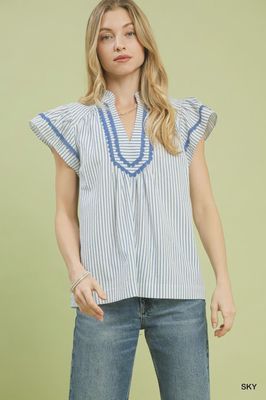 Striped Flutter Sleeve Top / Blue