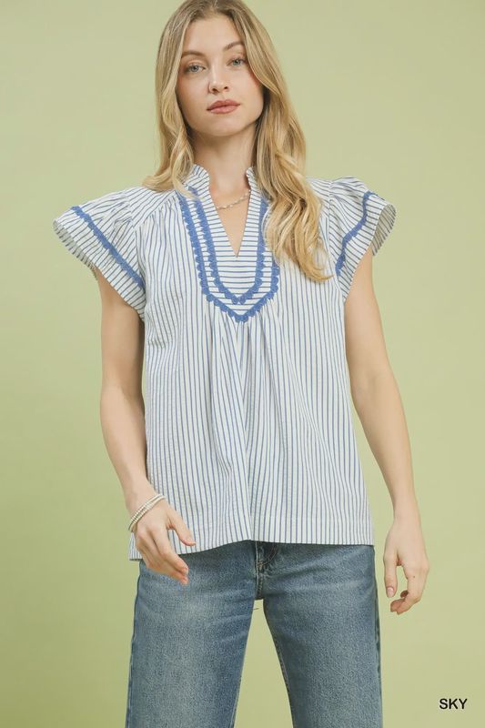 Striped Flutter Sleeve Top / Blue