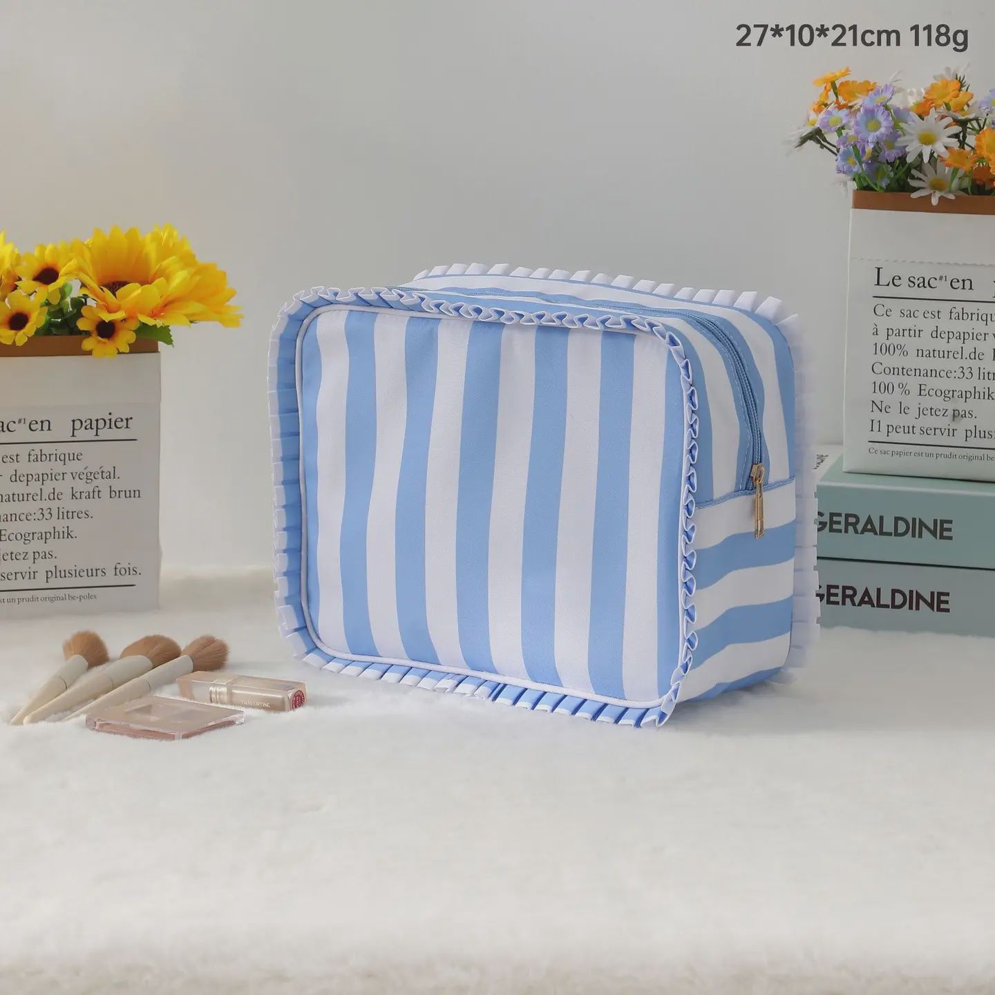 Ruffle Checker Stripe Cosmetic Travel Pouch Bag
