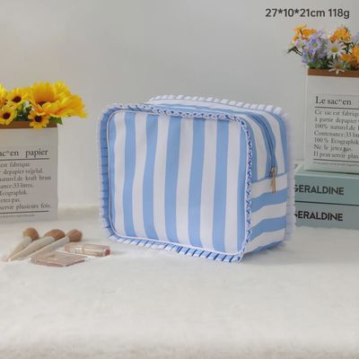 Ruffle Checker Stripe Cosmetic Travel Pouch Bag