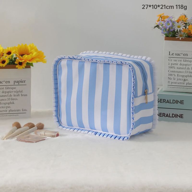 Ruffle Checker Stripe Cosmetic Travel Pouch Bag