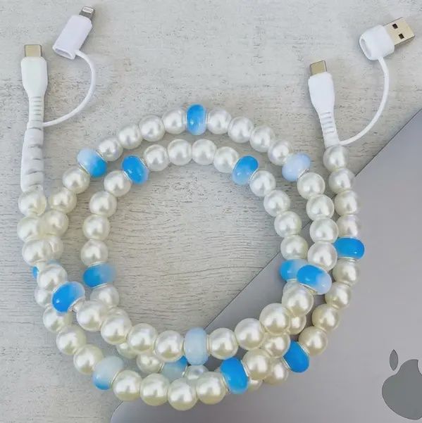 Blue &amp; White Pearl Cord Phone Charger