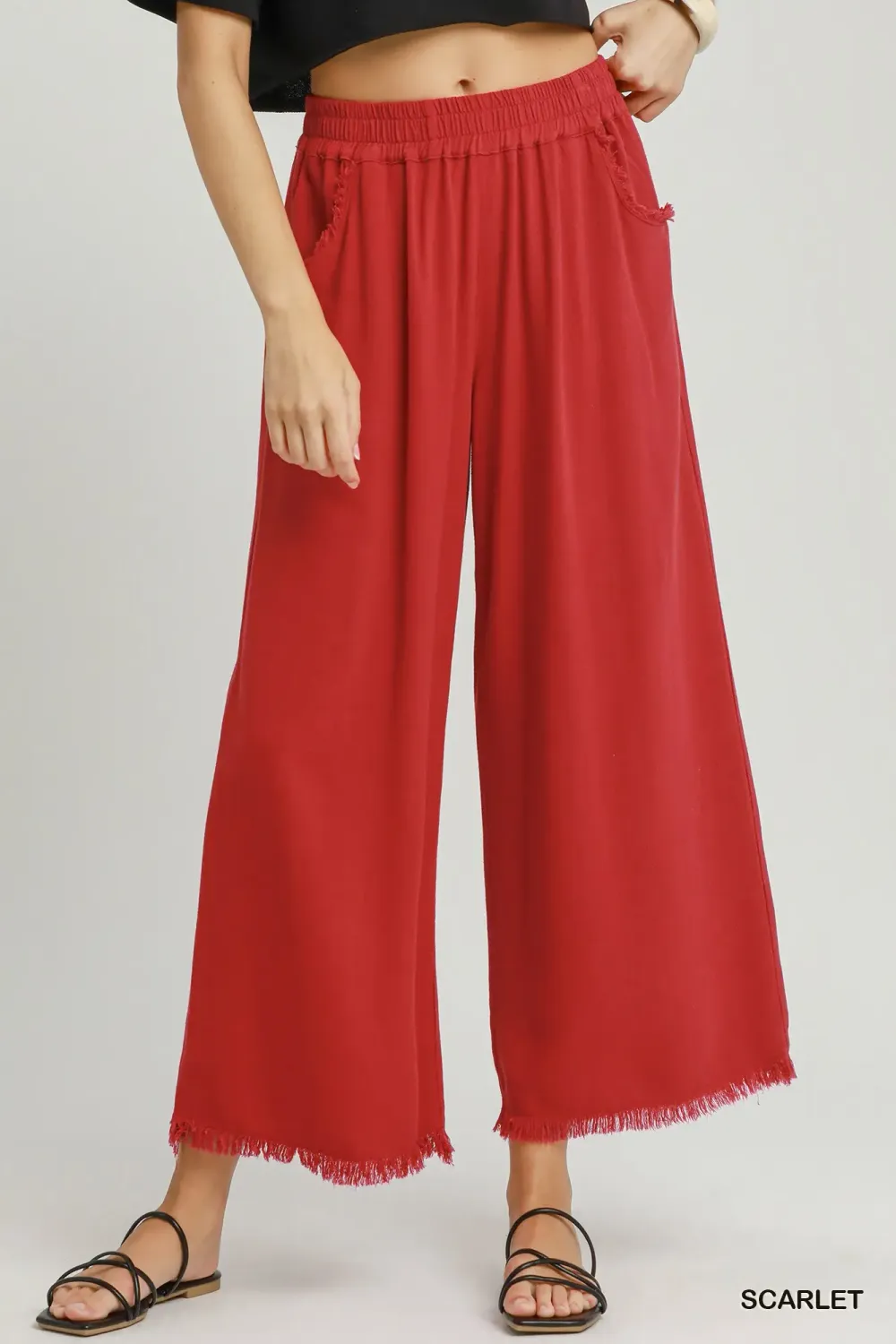 Linen Frayed Side Pocket Wide Leg Pants, Color: Scarlet, Size: S