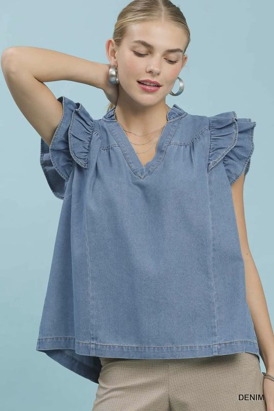 Chambray Ruffle Top Denim