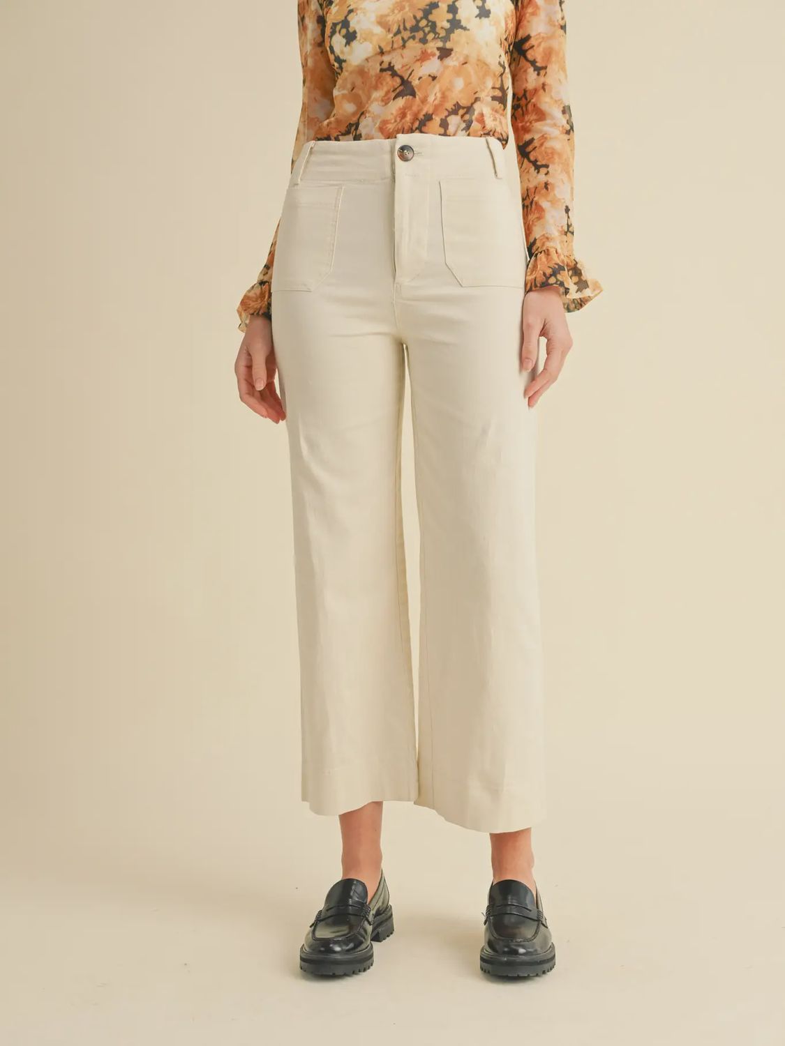 High Waist Cropped Wide Leg Pants Cream, Size: Small