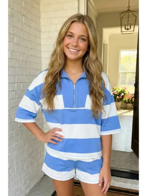 Sky Blue Stripe Seam Half Zip Oversize Tee Shorts Set