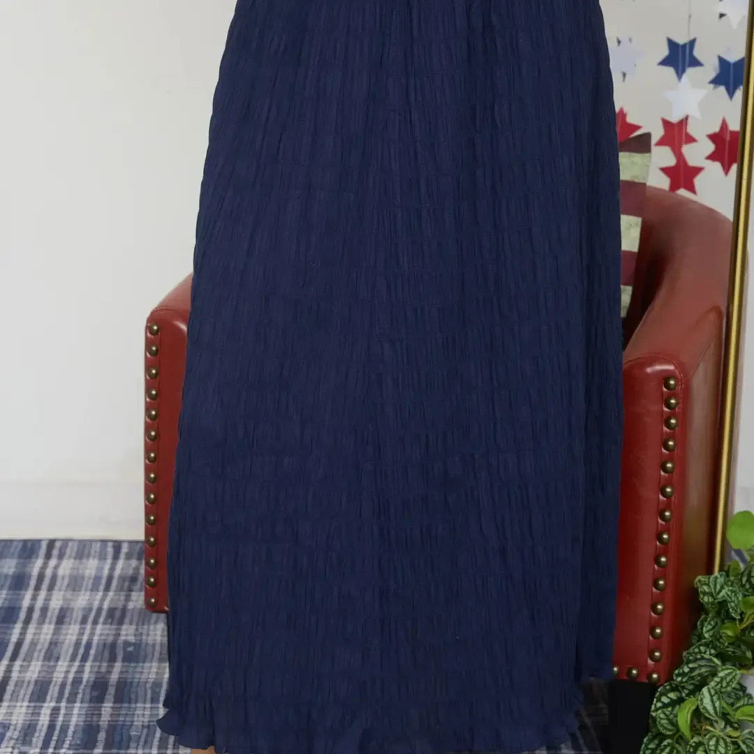 Shirred Elastic Waist Midi Skirt/Navy, Size: Adult Small
