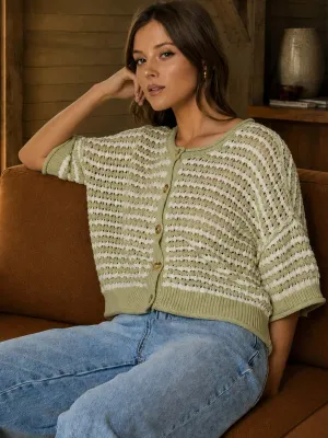 Stripe Short Sleeve Crochet Knit Cardigan/Light Olive