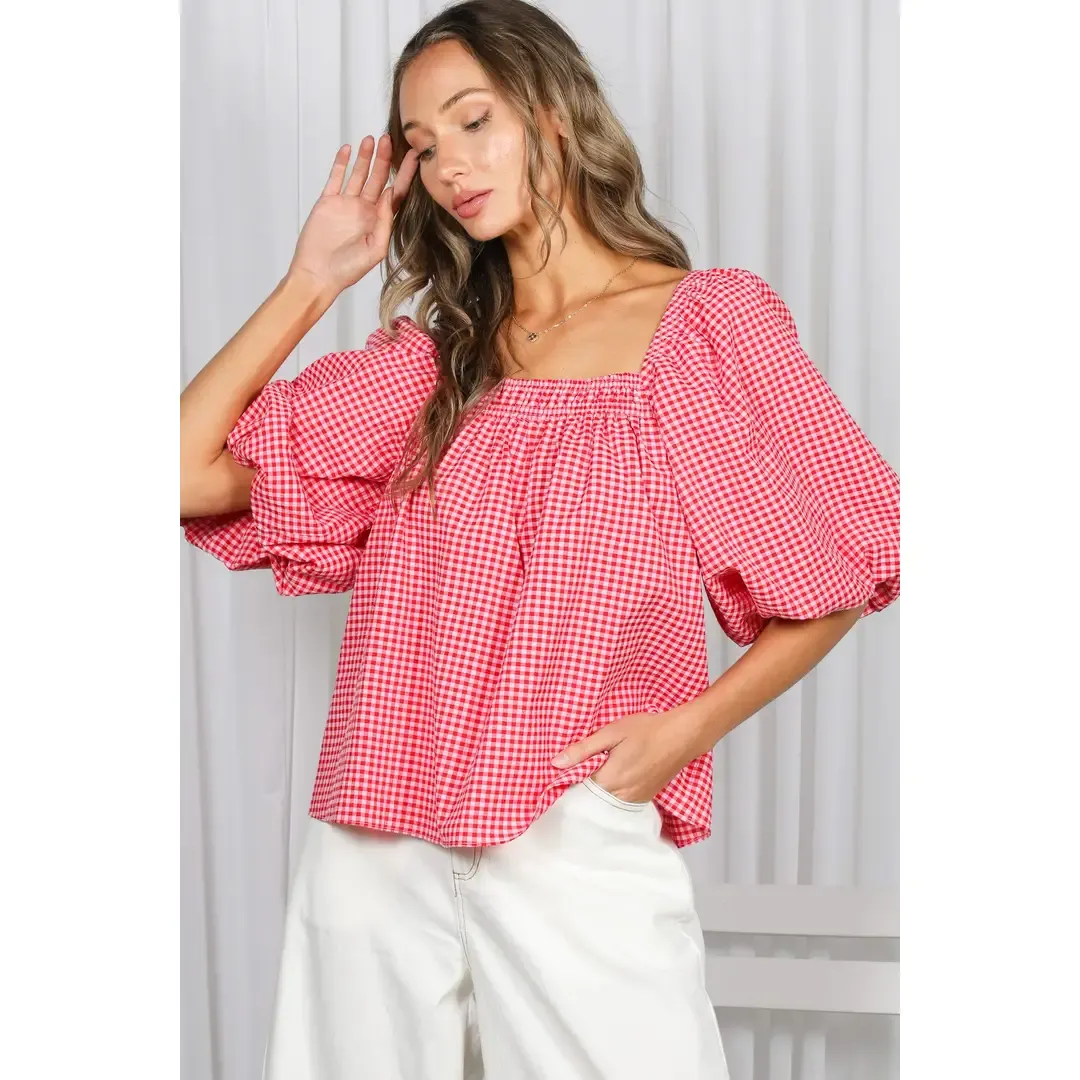 Red Gingham Bubble Short-Sleeve Elastic Smocked Blouse, Size: Small