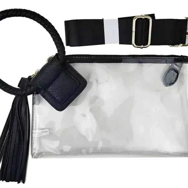 See Through Clear Cuff Handle Tassel Wristlet Crossbody, Color: Black
