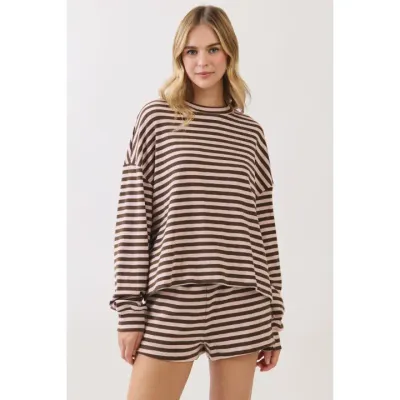 Striped Dropped Shoulders Relaxed Long Sleeve Top/ Chocolate