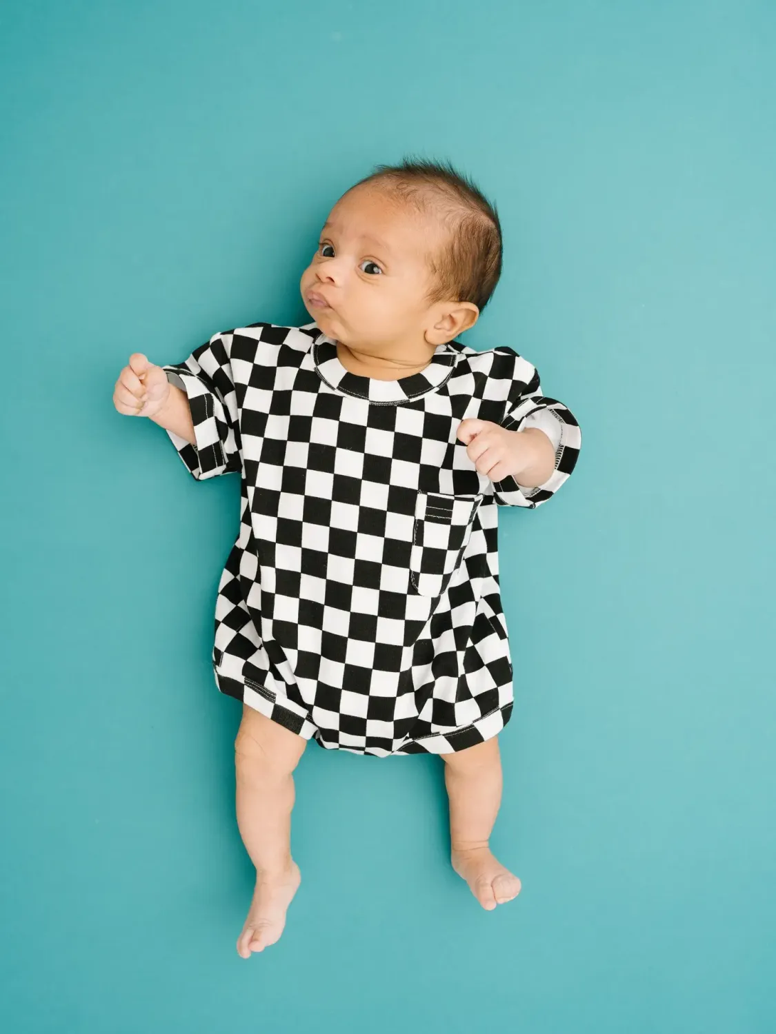 Black Checkered Pocket Romper, Size: 0-3M