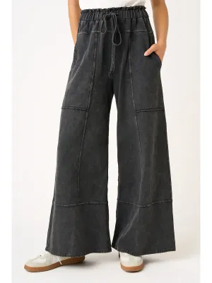 Mineral Wash Seam Detail Wide Leg Pants-Black