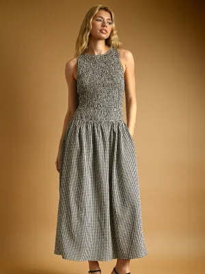 Mini Gingham Pattern Sleeveless Long Dress/Black