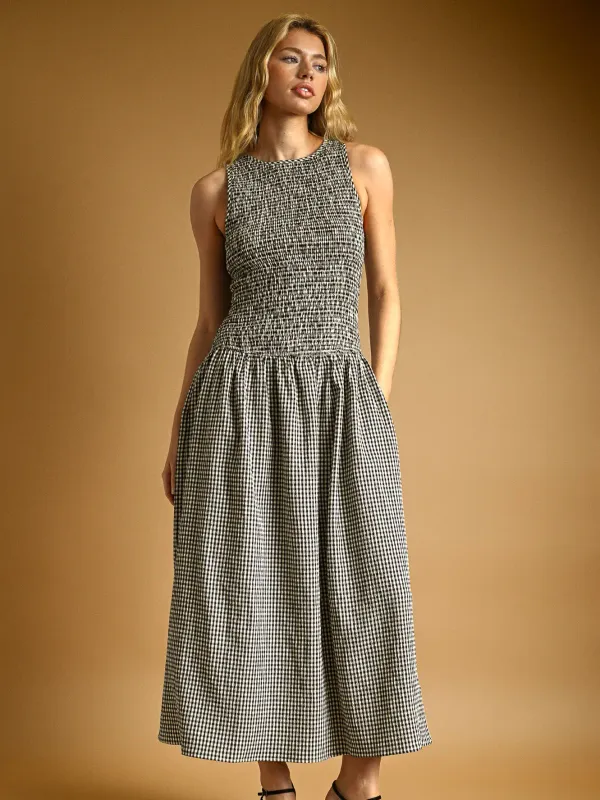 Mini Gingham Pattern Sleeveless Long Dress/Black