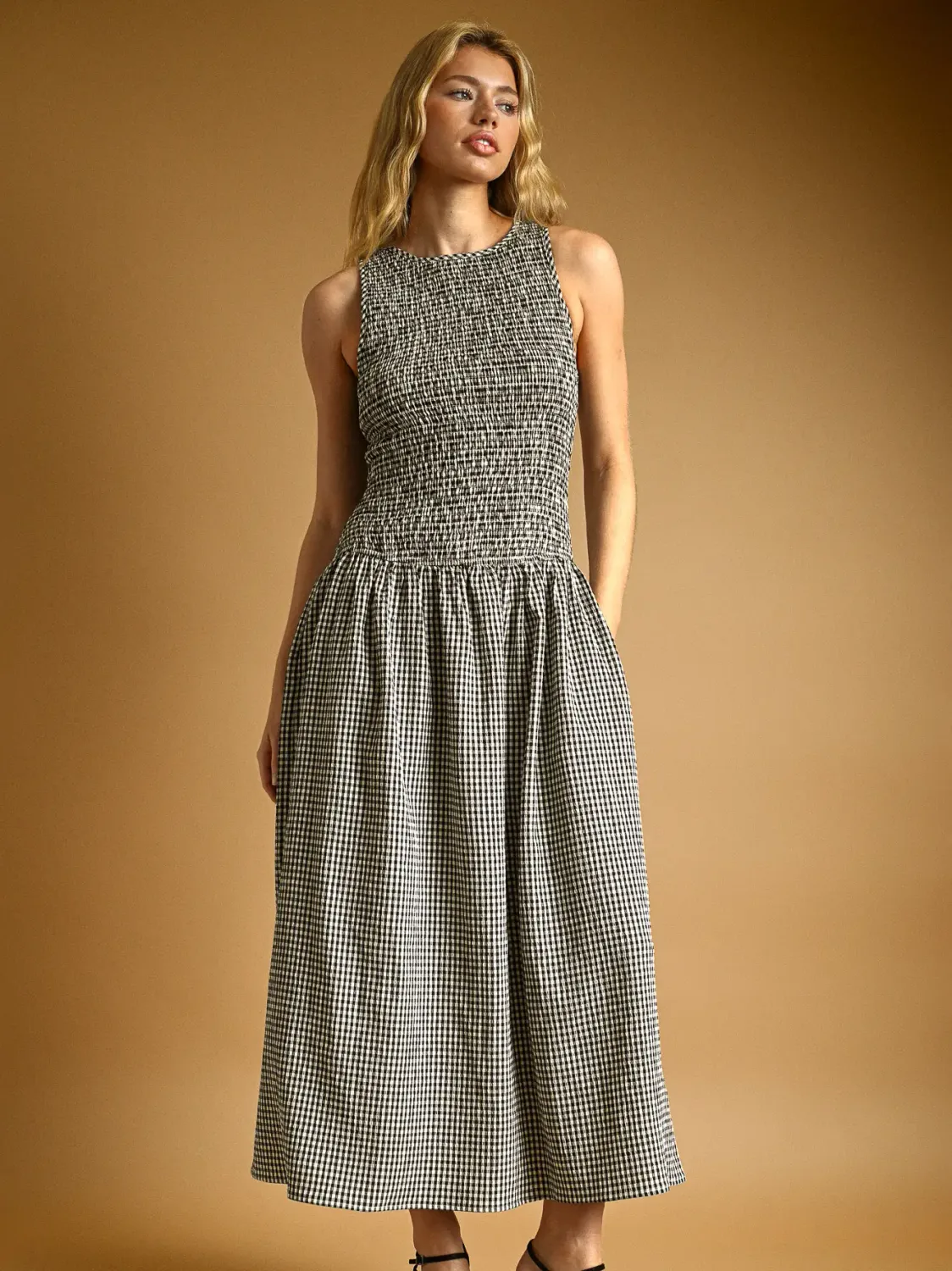Mini Gingham Pattern Sleeveless Long Dress/Black, Size: Small