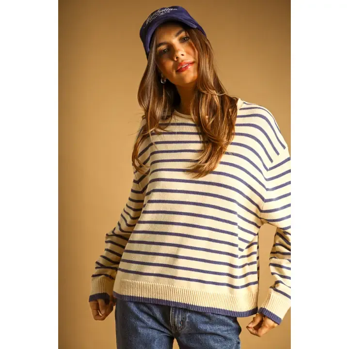 Striped Long Sleeve Sweater Top/ Butter/Blue