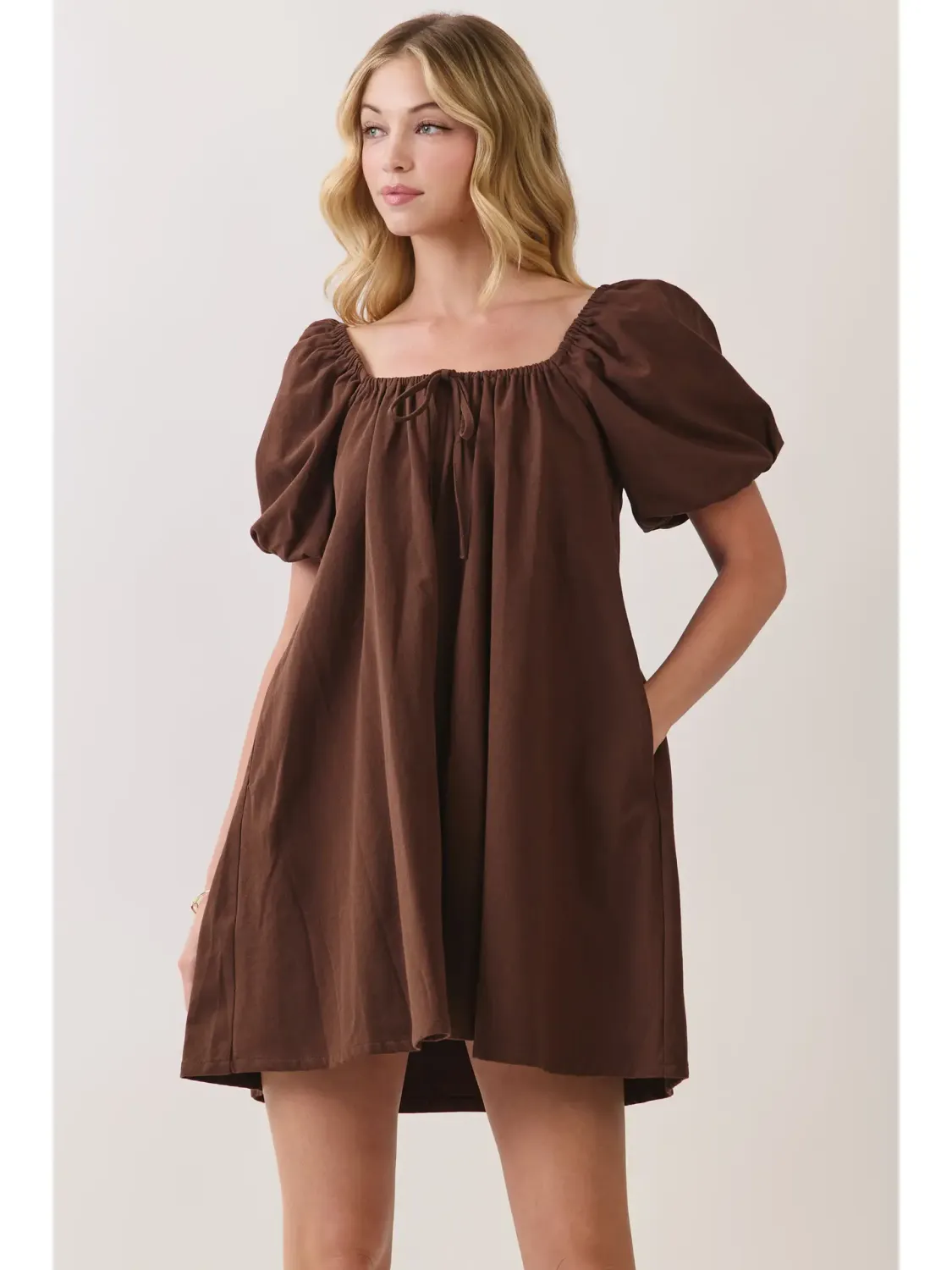 Scoop Neckline Puff Sleeve Babydoll Mini Dress/Chocolate