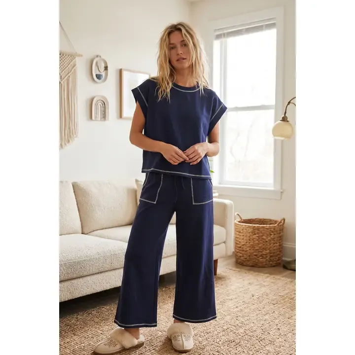 (Original Design) Scuba Contrast Stitch Lounge Set - Navy, Size: Adult Small